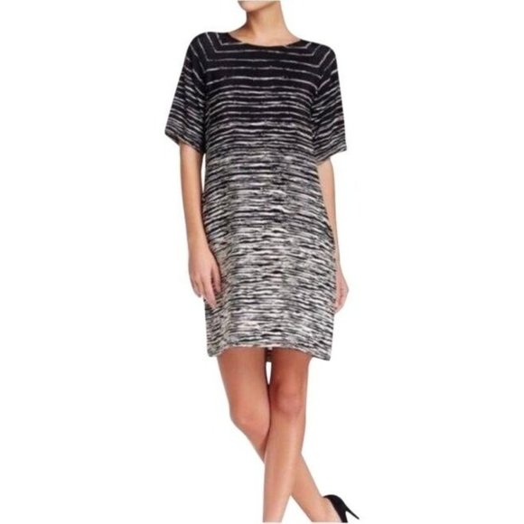 Vince Dresses & Skirts - Vince Silk Shift Dress Women's Large Black White Abstract Striped Short Sleeve